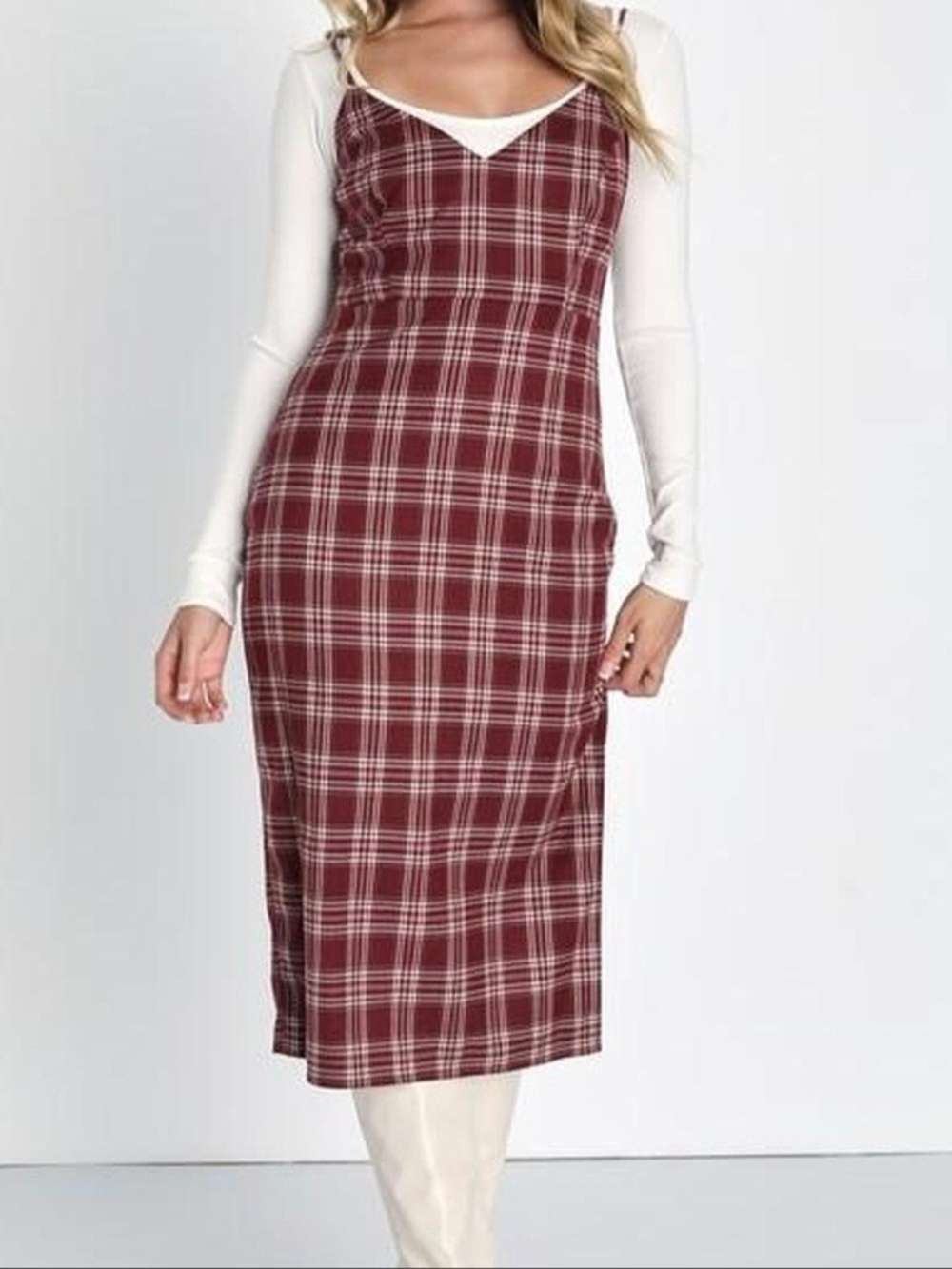 Lulus Plaid Burgundy Midi  Dress